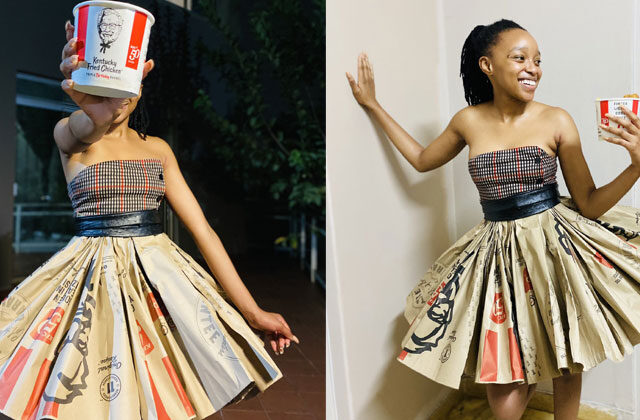Woman makes dress out of recycled KFC packages